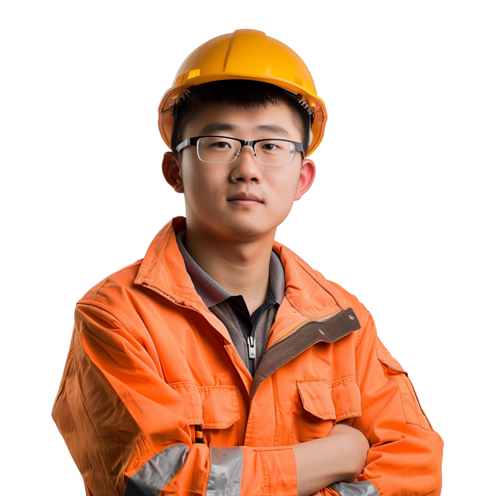 Handsome young Chinese construction engineer looking at camera, isolated on a transparent background png