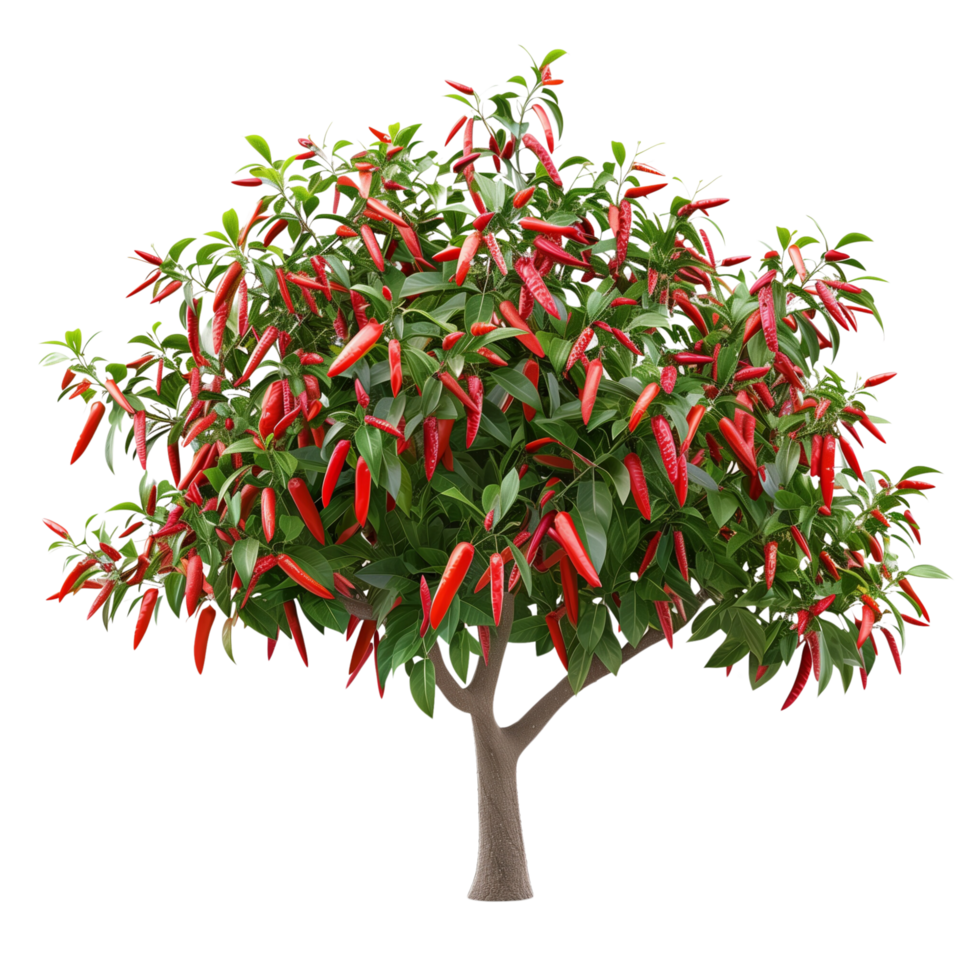 A healthy red chili pepper tree laden with bright red peppers, isolated on a transparent background png