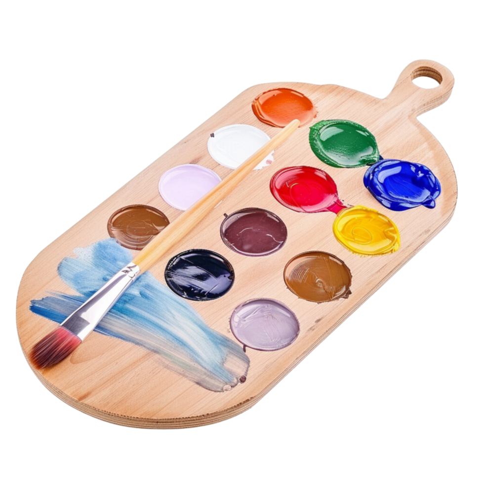 A watercolor paints with a clean brush, set against a palette isolated on a transparent background png
