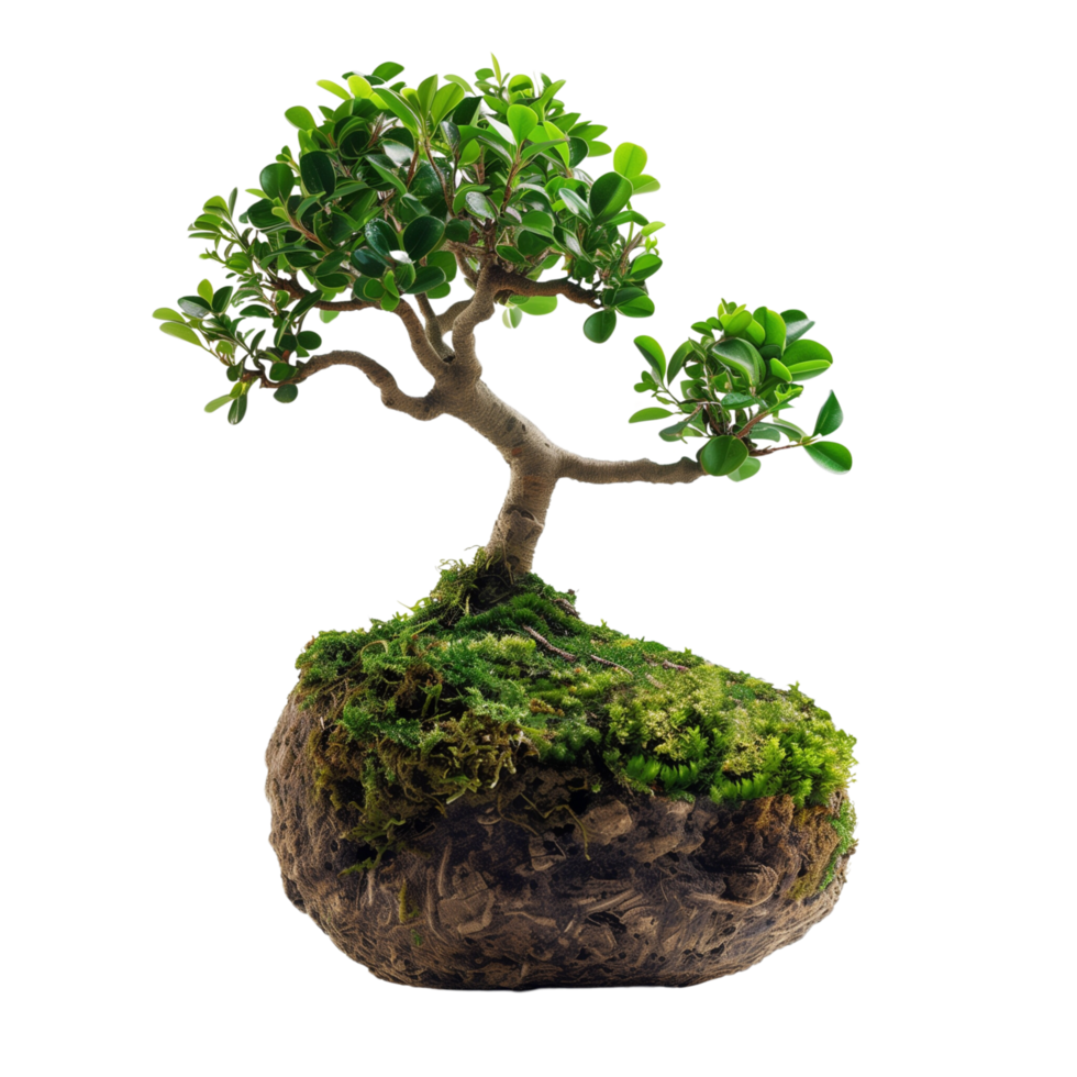 High-definition vertical image of a kokedama bonsai. The composition is focused solely on the plant, isolated on a transparent background png