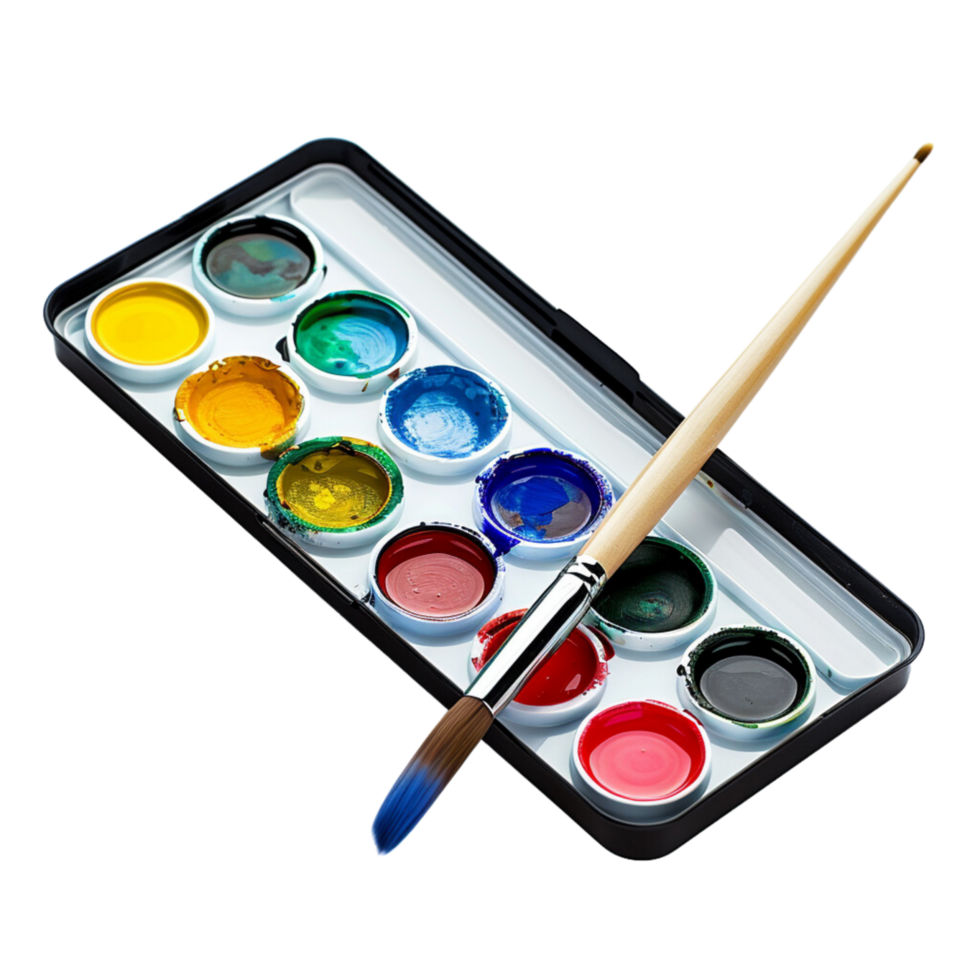 A watercolor paints with a clean brush, set against a palette isolated on a transparent background png