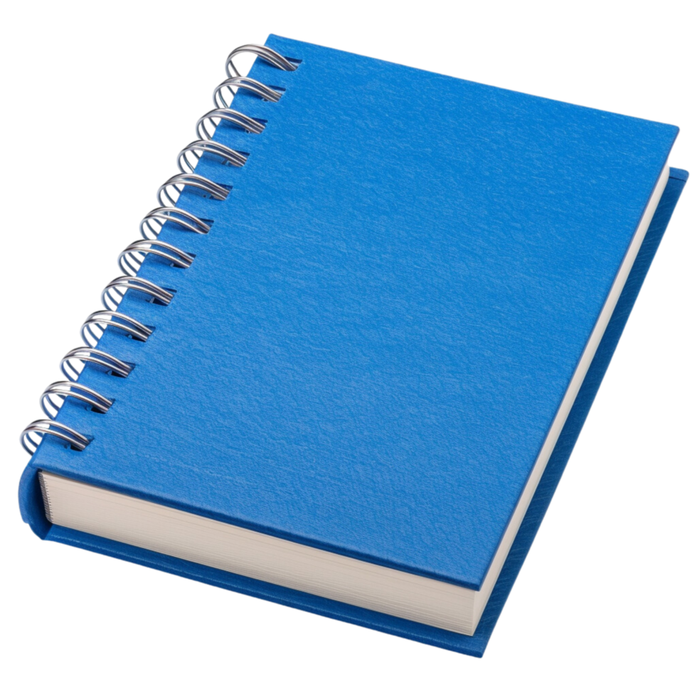 A spiral notebook with a vibrant blue cover, slightly open to reveal blank pages, inviting creativity and note-taking, isolated on a transparent background png