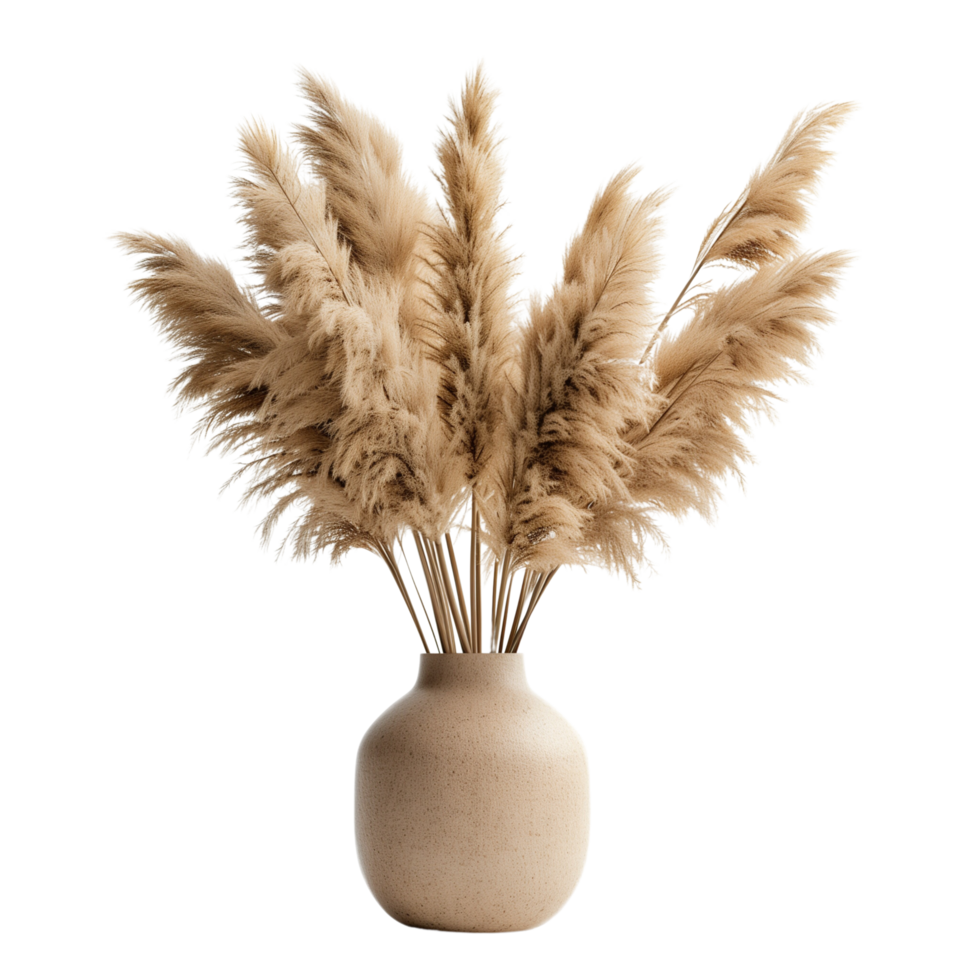 A pampa grass arrangement in a simple ceramic vase, isolated on a transparent background png