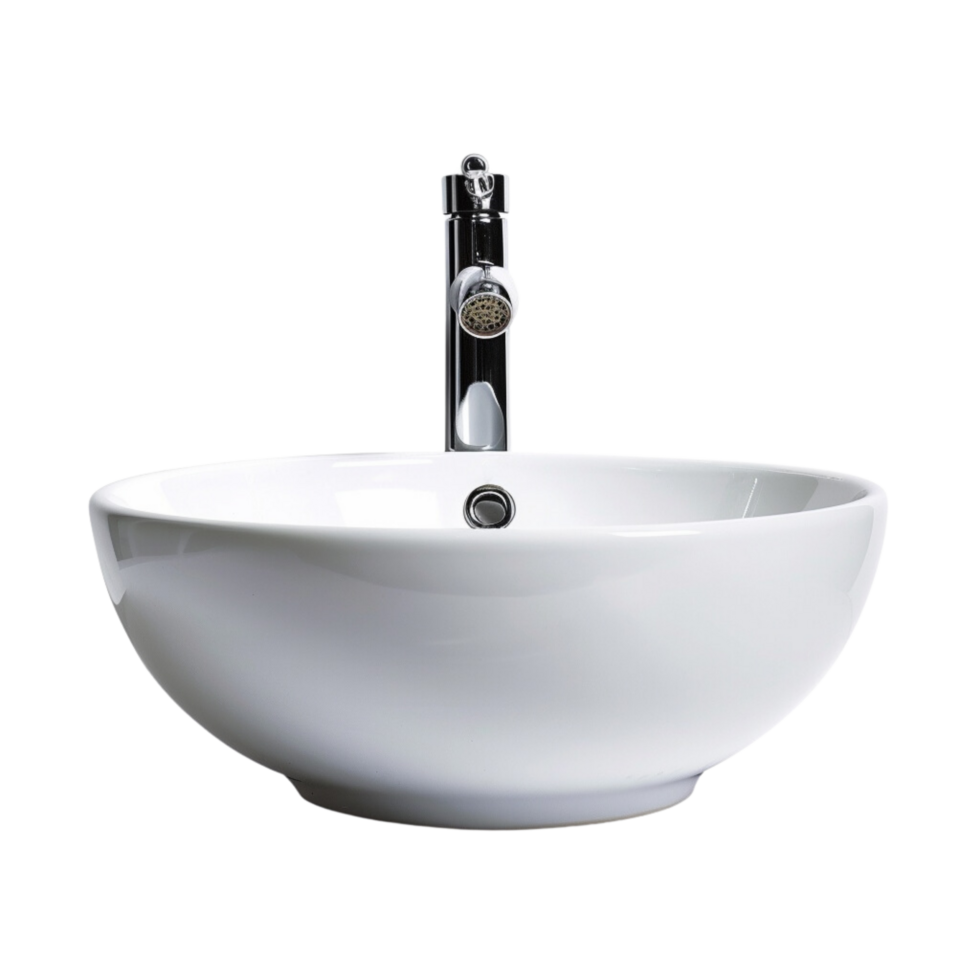 A panoramic view of a modern bathroom, with the focal point being the designer vessel sink and faucet isolated on a transparent background png