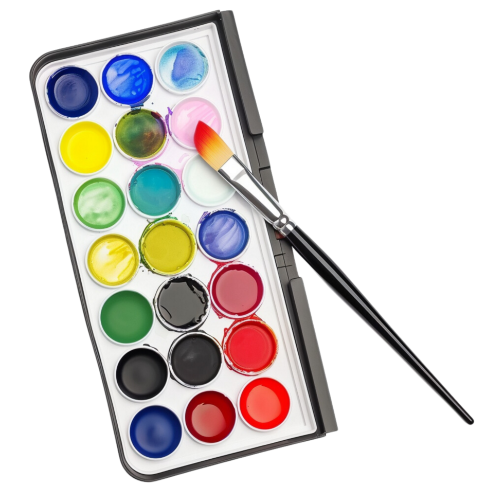 A watercolor paints with a clean brush, set against a palette isolated on a transparent background png