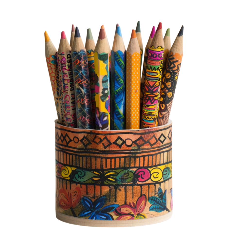 A set of handcrafted pencils, each wrapped in unique, vibrant patterns of washi tape, standing in a hand-painted holder with inspirational quotes isolated on a transparent background png