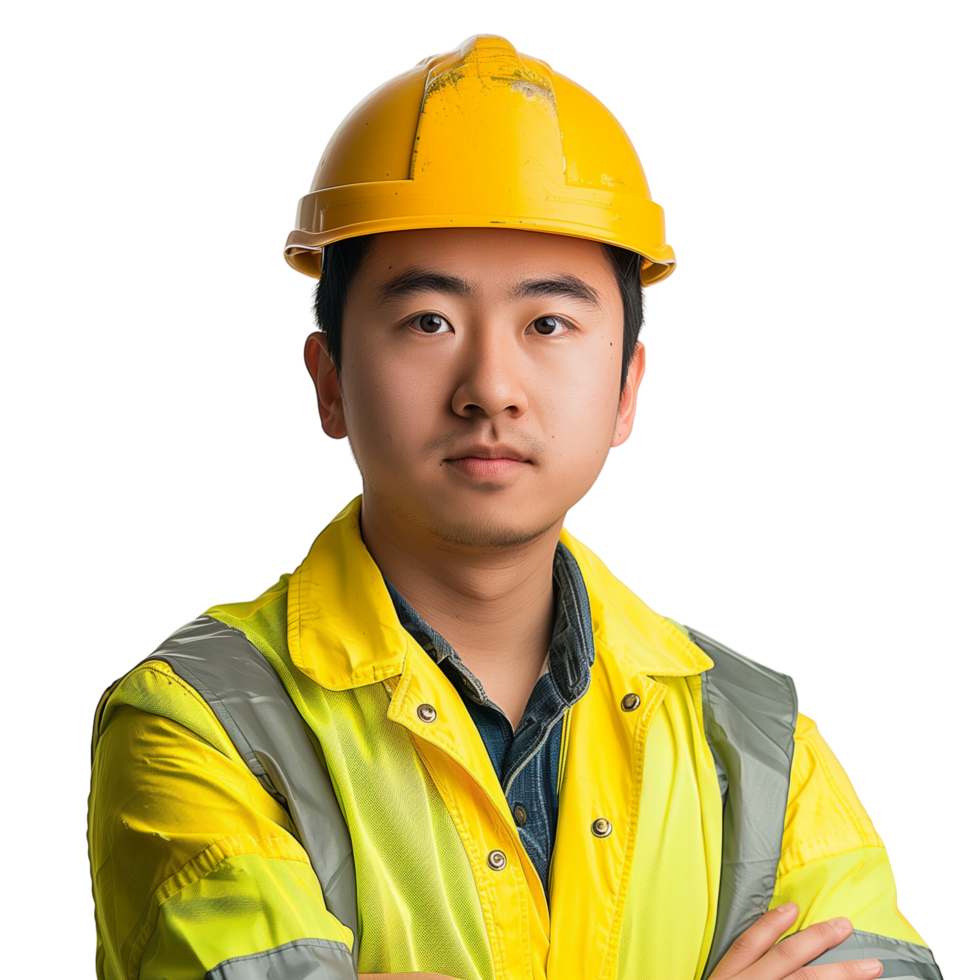 Handsome young Chinese construction engineer looking at camera, isolated on a transparent background png