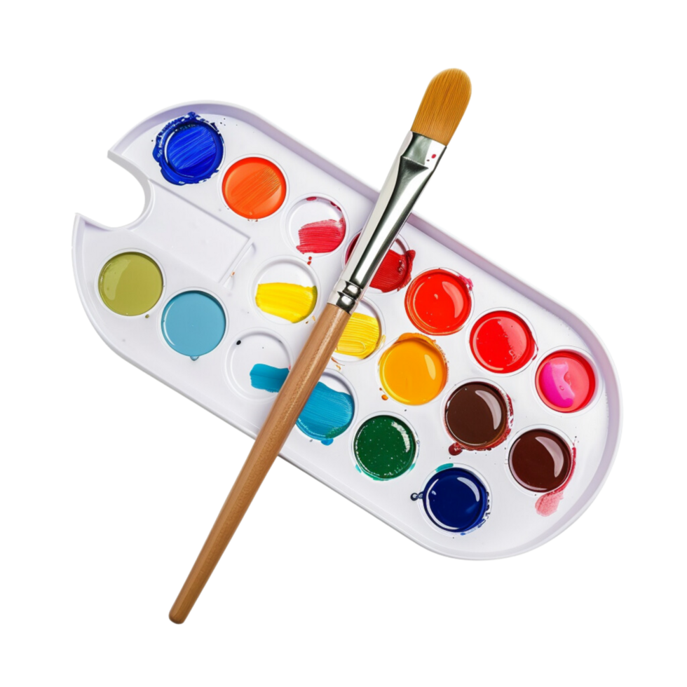 A watercolor paints with a clean brush, set against a palette isolated on a transparent background png