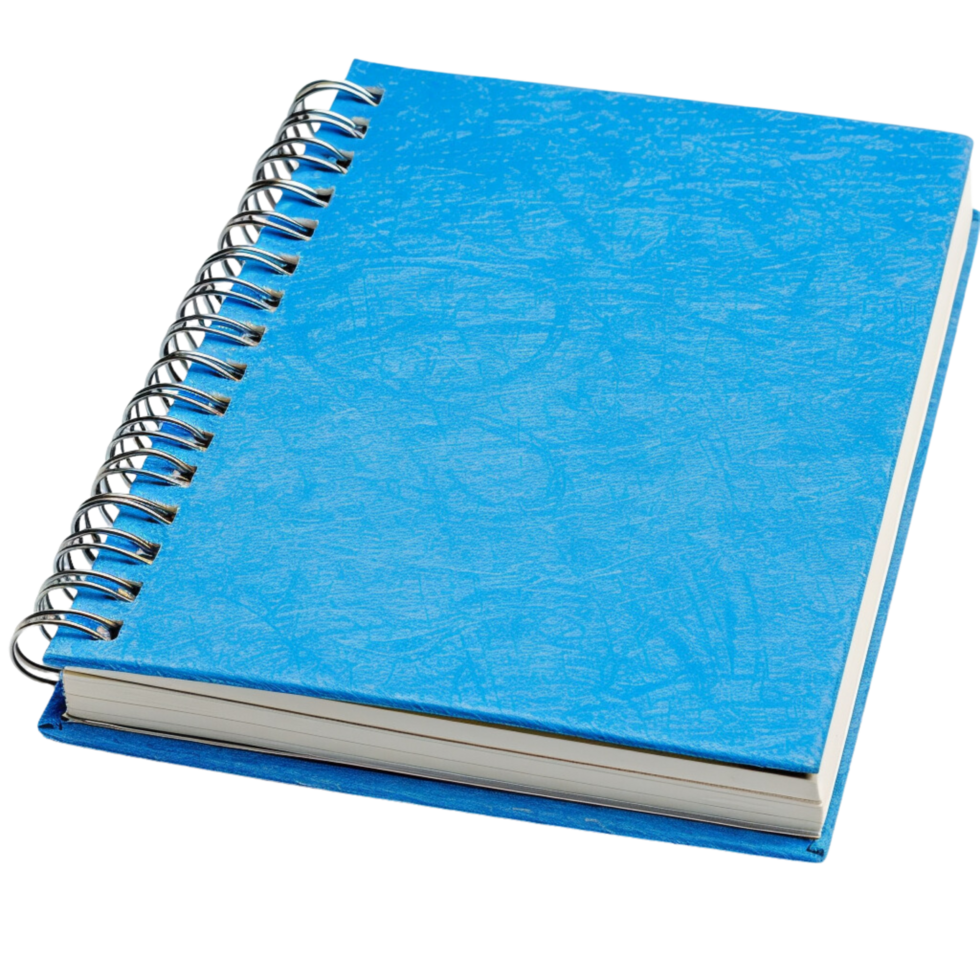A spiral notebook with a vibrant blue cover, slightly open to reveal blank pages, inviting creativity and note-taking, isolated on a transparent background png