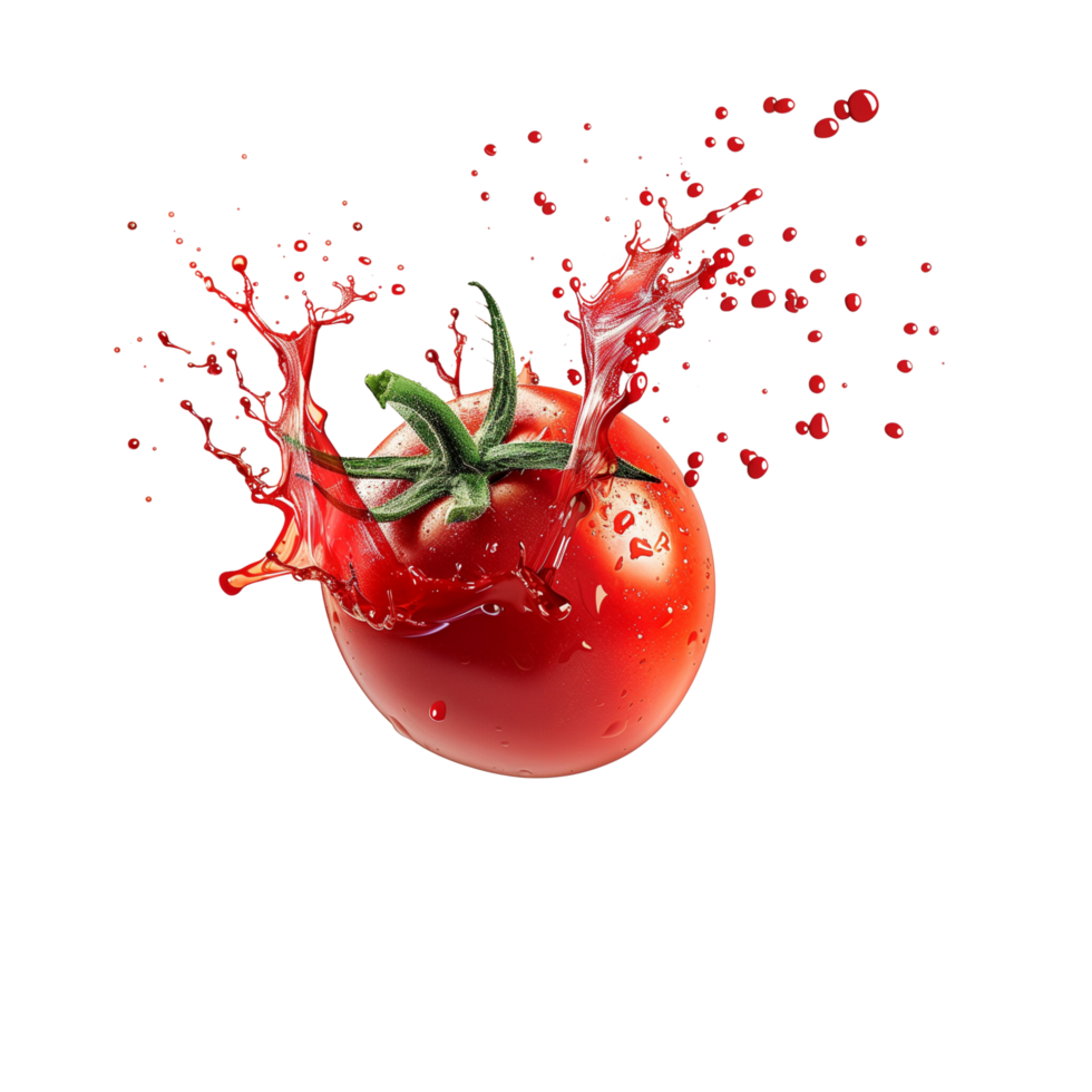 A fresh tomato in a vibrant red sauce splash, captured mid-air, isolated on a transparent background png