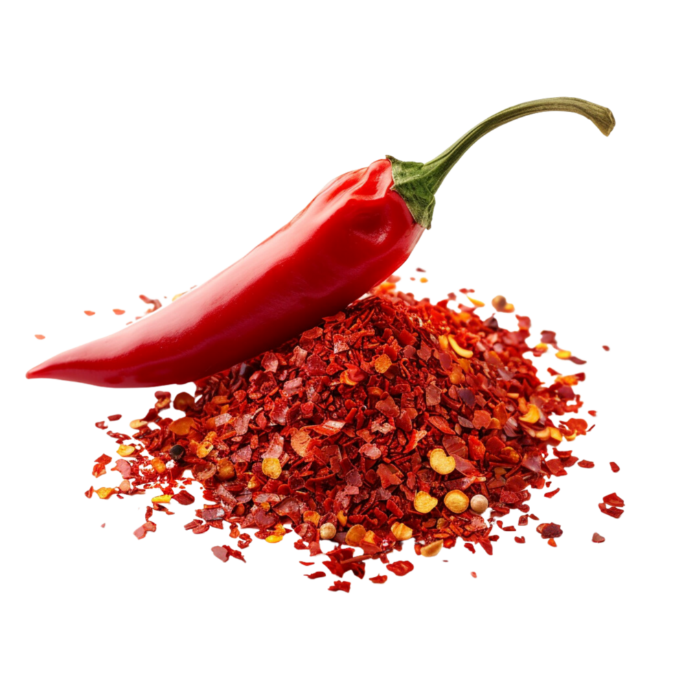 A single chili pepper lying atop a mound of vibrant red chili flakes, symbolizing heat and passion in cooking isolated on a transparent background png