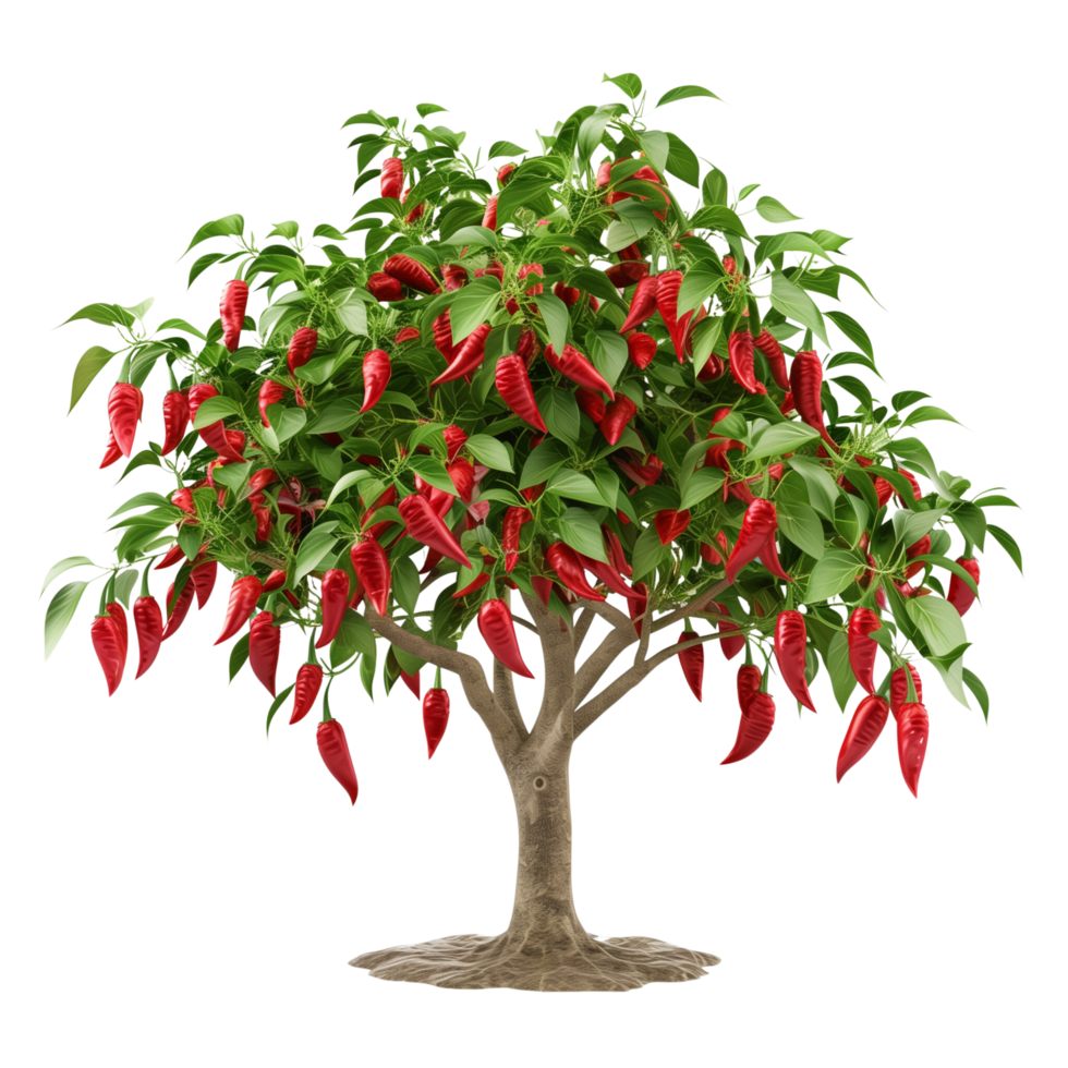 A healthy red chili pepper tree laden with bright red peppers, isolated on a transparent background png