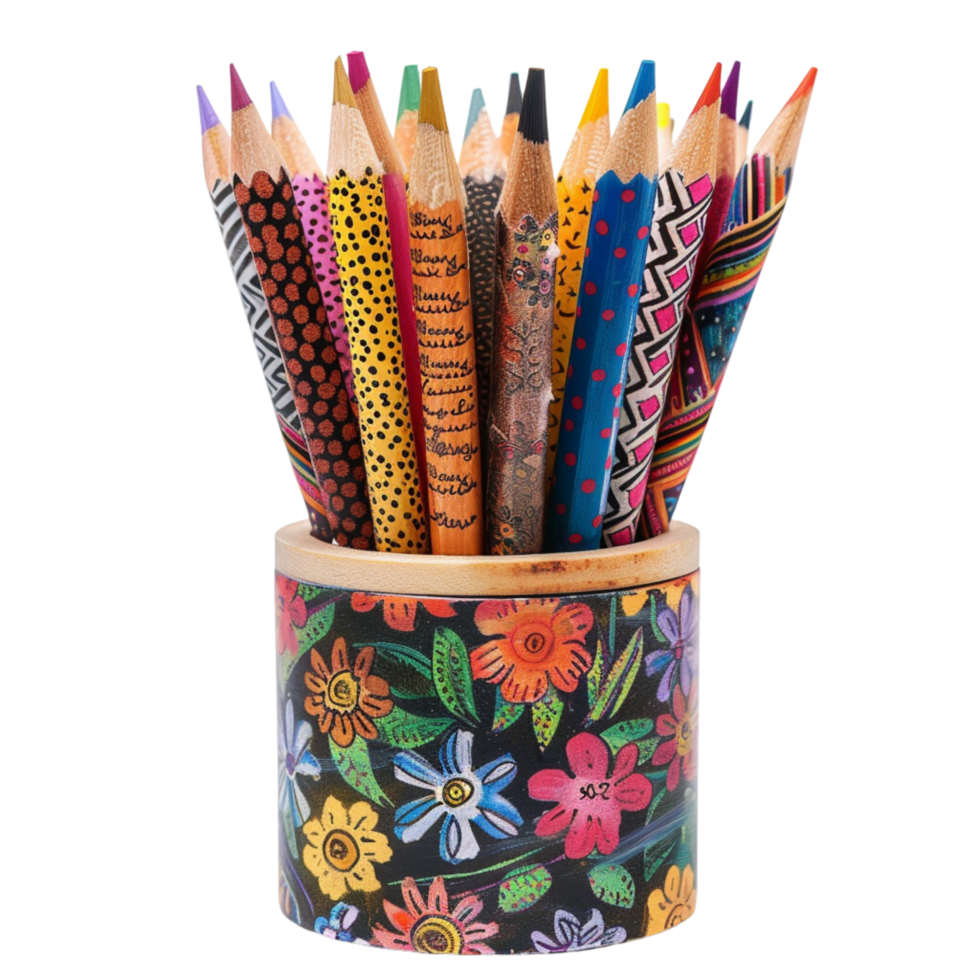 A set of handcrafted pencils, each wrapped in unique, vibrant patterns of washi tape, standing in a hand-painted holder with inspirational quotes isolated on a transparent background png