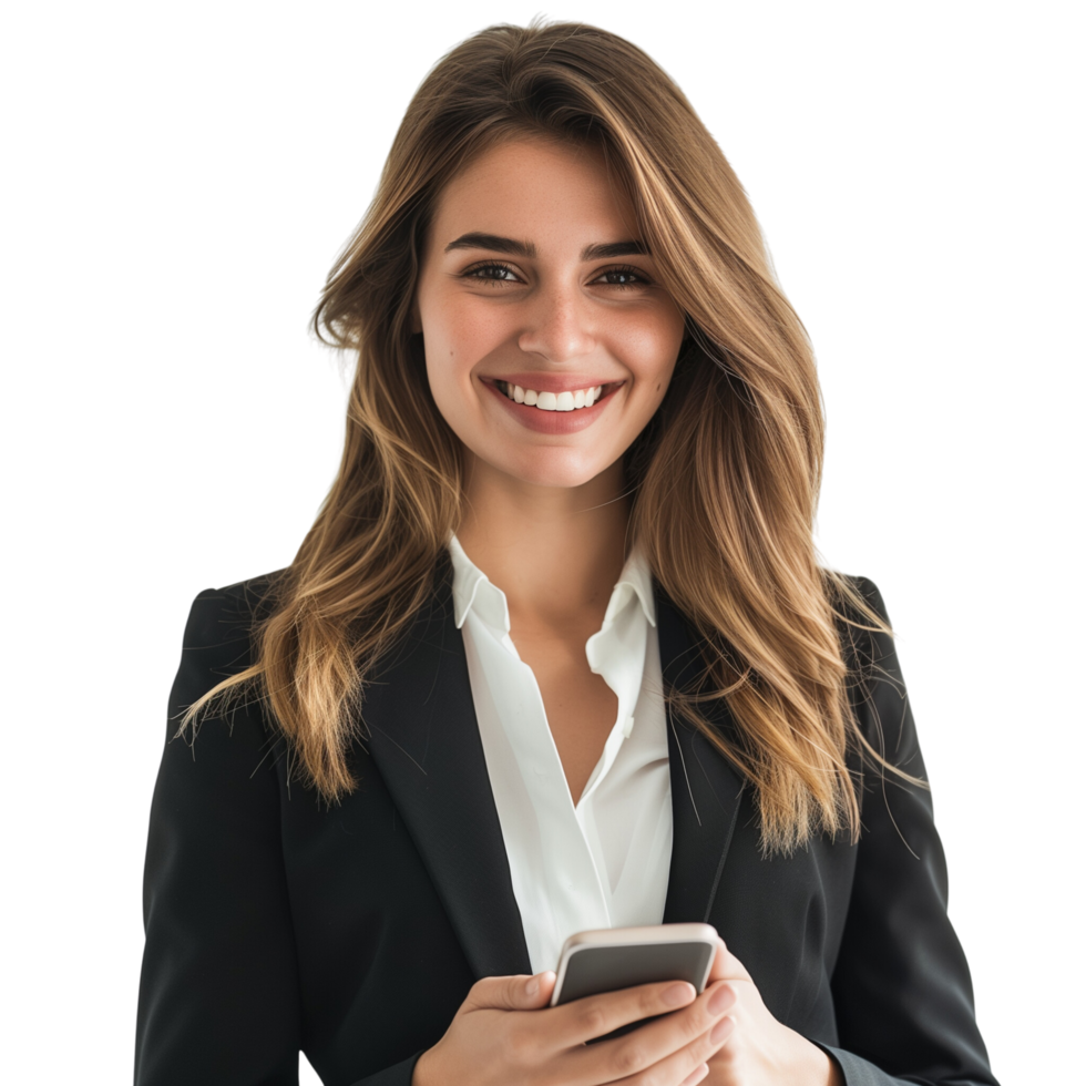 A confident businesswoman with a bright smile, holding a mobile phone, isolated on a transparent background png