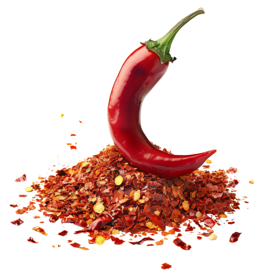 A single chili pepper lying atop a mound of vibrant red chili flakes, symbolizing heat and passion in cooking isolated on a transparent background png