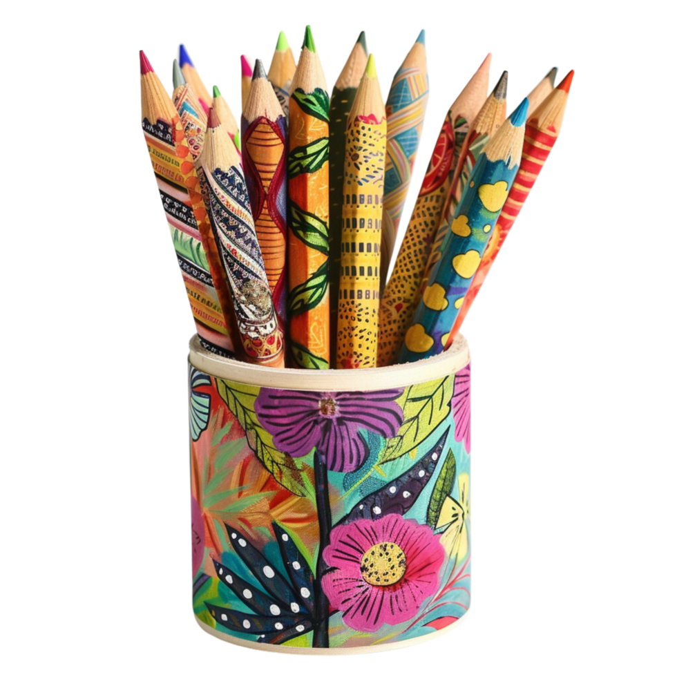 A set of handcrafted pencils, each wrapped in unique, vibrant patterns of washi tape, standing in a hand-painted holder with inspirational quotes isolated on a transparent background png