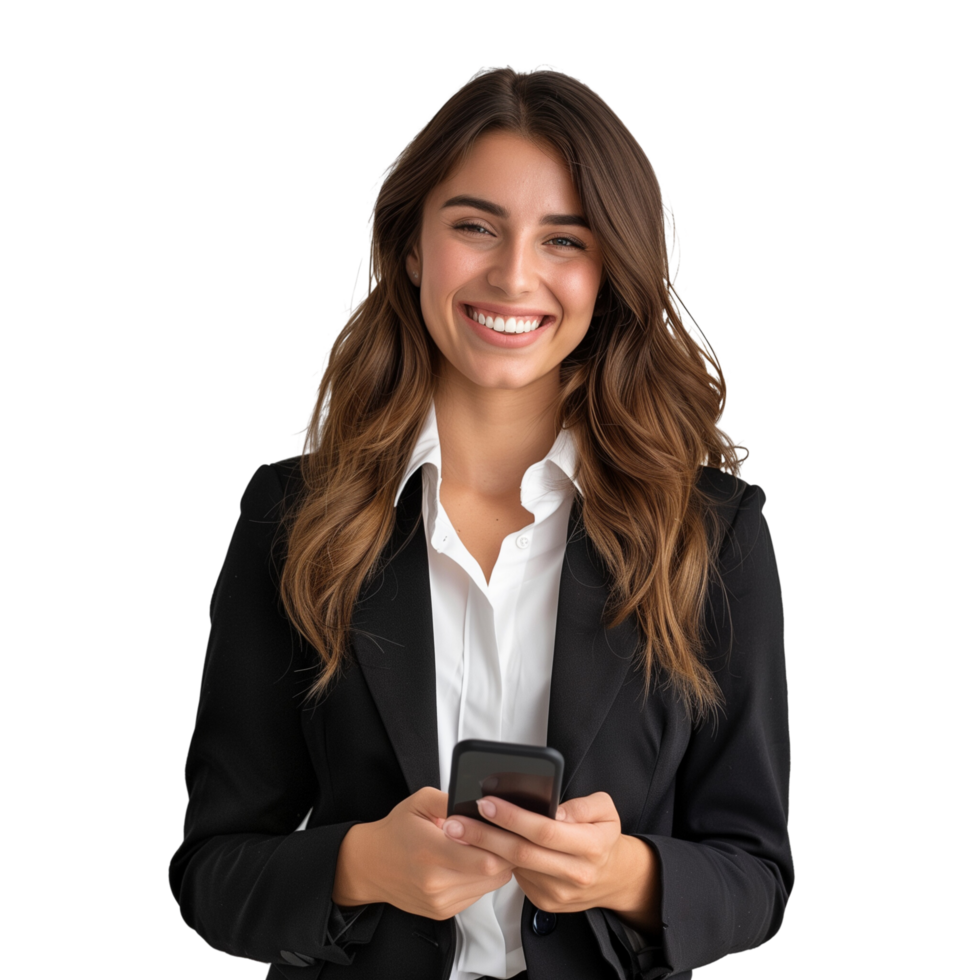 A confident businesswoman with a bright smile, holding a mobile phone, isolated on a transparent background png