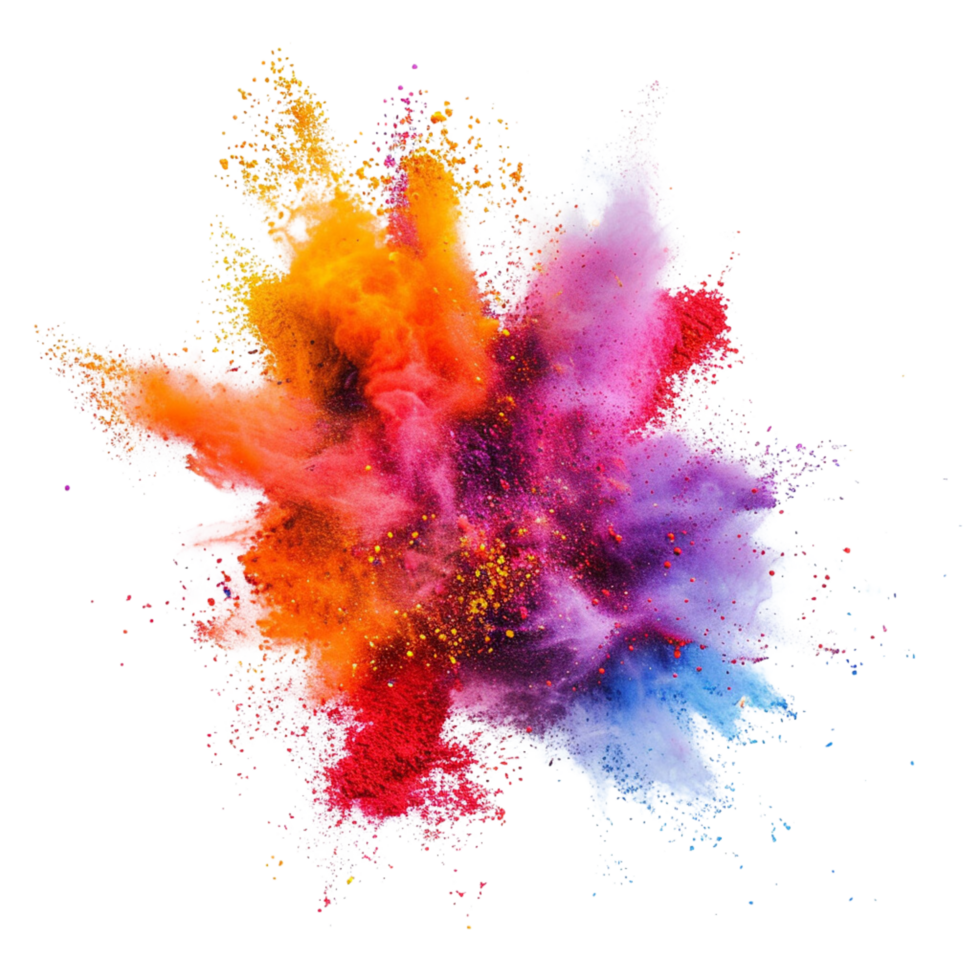 A vibrant explosion of colored powder reminiscent of the Holi festival, captured in vivid detail isolated on a transparent background png
