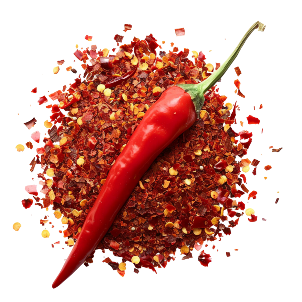A single chili pepper lying atop a mound of vibrant red chili flakes, symbolizing heat and passion in cooking isolated on a transparent background png