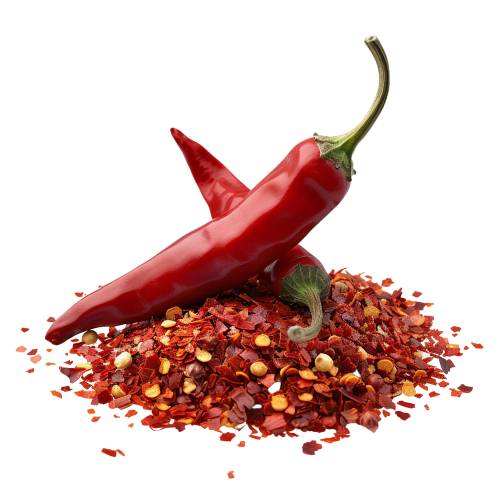 A single chili pepper lying atop a mound of vibrant red chili flakes, symbolizing heat and passion in cooking isolated on a transparent background png
