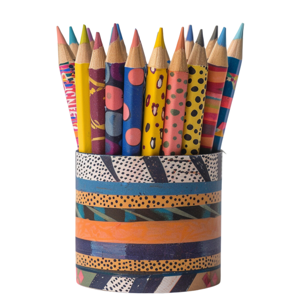 A set of handcrafted pencils, each wrapped in unique, vibrant patterns of washi tape, standing in a hand-painted holder with inspirational quotes isolated on a transparent background png