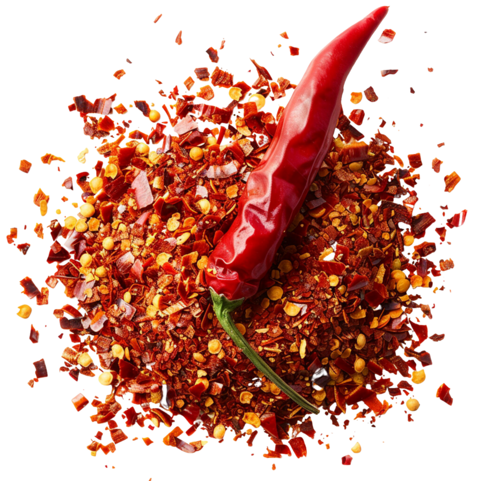 A single chili pepper lying atop a mound of vibrant red chili flakes, symbolizing heat and passion in cooking isolated on a transparent background png