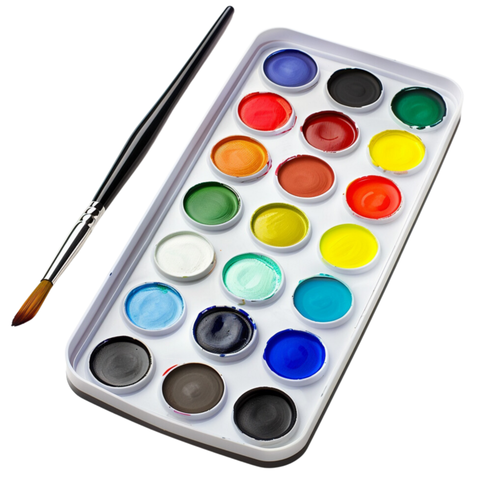 A watercolor paints with a clean brush, set against a palette isolated on a transparent background png