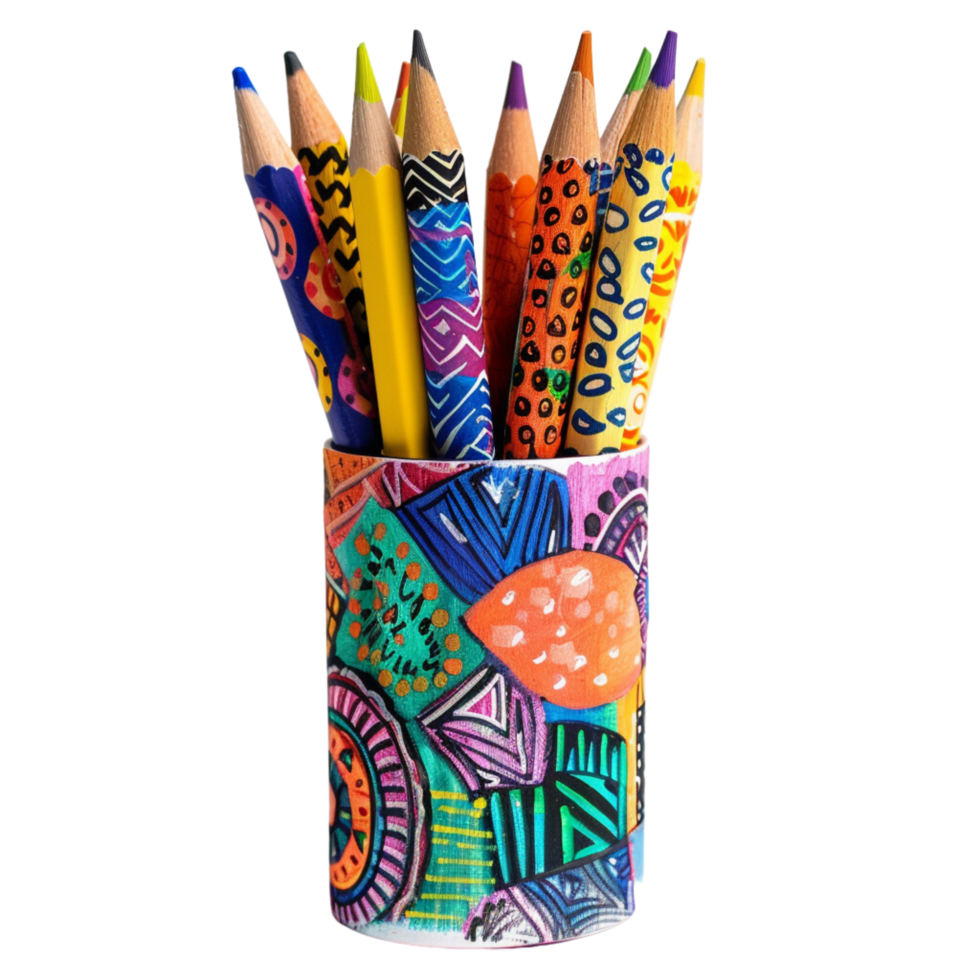 A set of handcrafted pencils, each wrapped in unique, vibrant patterns of washi tape, standing in a hand-painted holder with inspirational quotes isolated on a transparent background png