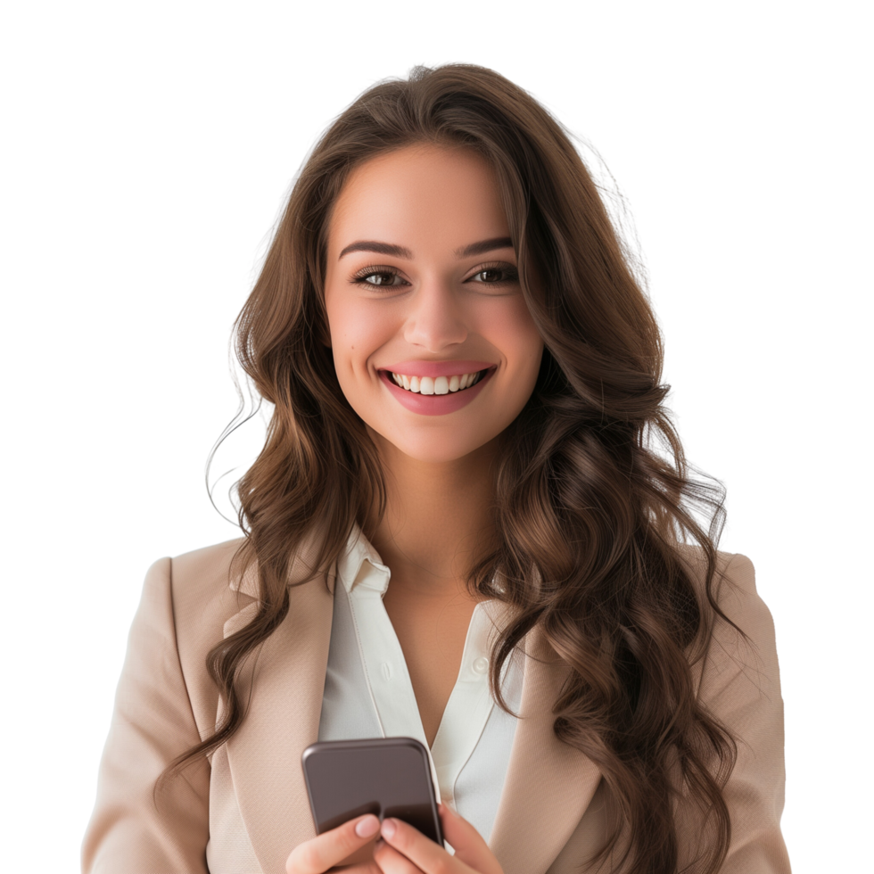 A confident businesswoman with a bright smile, holding a mobile phone, isolated on a transparent background png