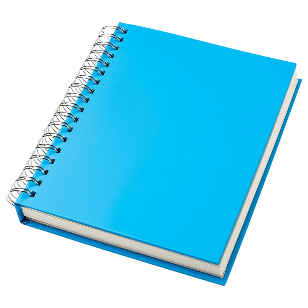 A spiral notebook with a vibrant blue cover, slightly open to reveal blank pages, inviting creativity and note-taking, isolated on a transparent background png