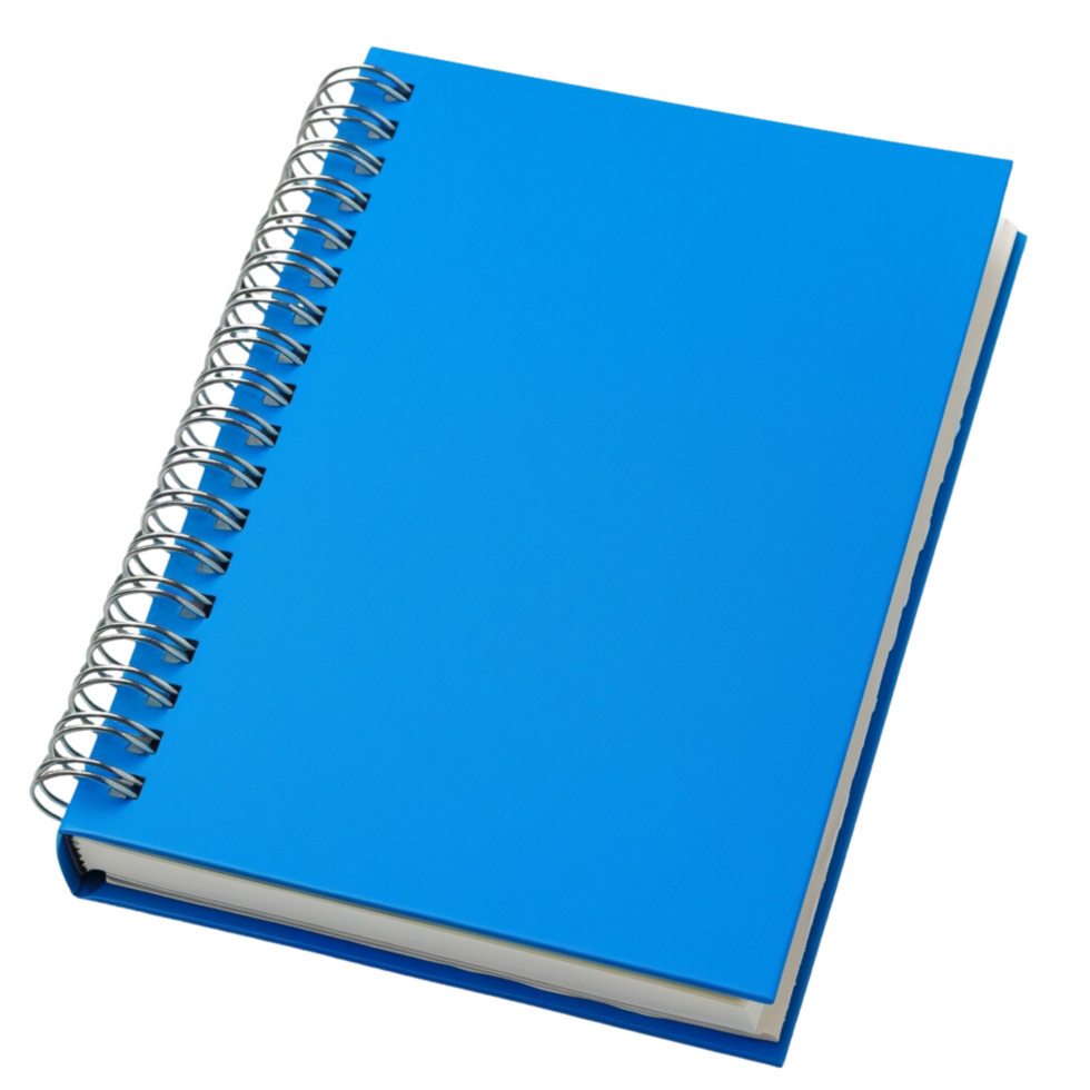 A spiral notebook with a vibrant blue cover, slightly open to reveal blank pages, inviting creativity and note-taking, isolated on a transparent background png
