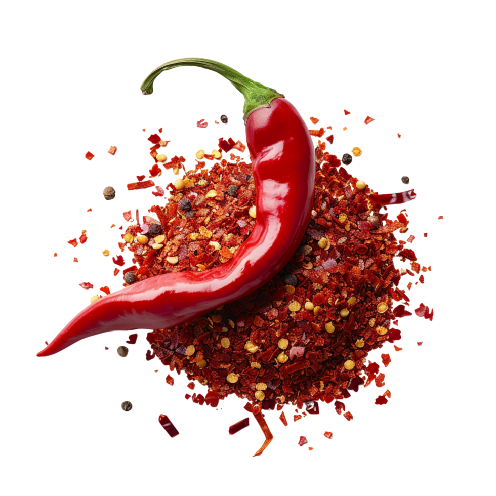 A single chili pepper lying atop a mound of vibrant red chili flakes, symbolizing heat and passion in cooking isolated on a transparent background png