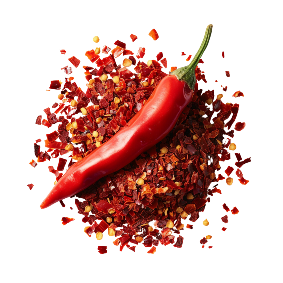 A single chili pepper lying atop a mound of vibrant red chili flakes, symbolizing heat and passion in cooking isolated on a transparent background png