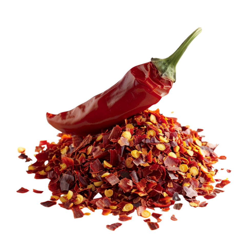 A single chili pepper lying atop a mound of vibrant red chili flakes, symbolizing heat and passion in cooking isolated on a transparent background png