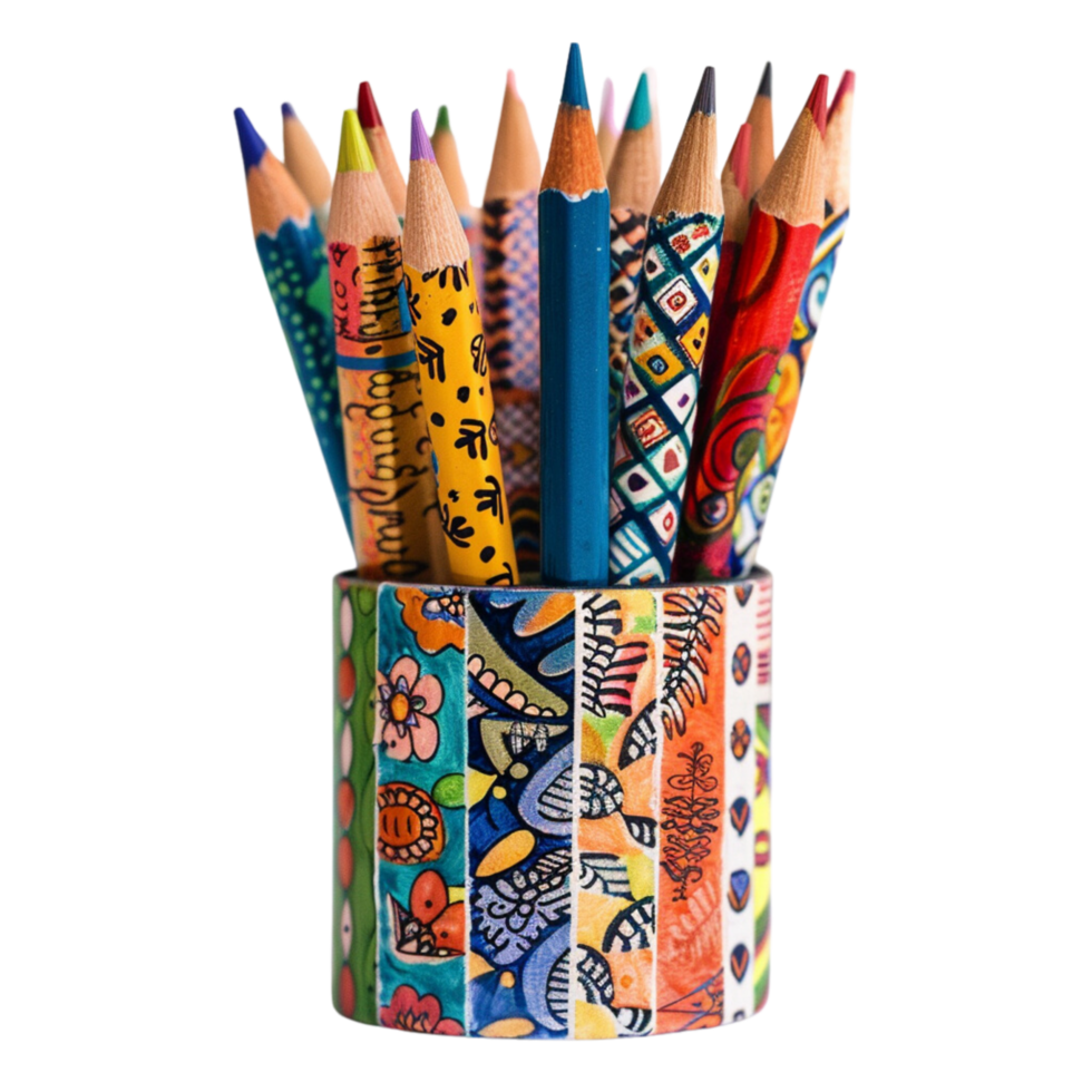 A set of handcrafted pencils, each wrapped in unique, vibrant patterns of washi tape, standing in a hand-painted holder with inspirational quotes isolated on a transparent background png