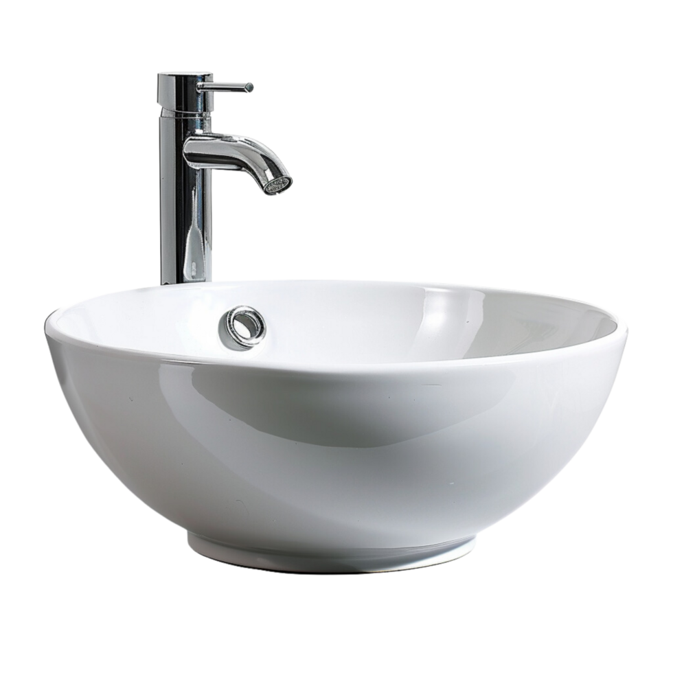 A panoramic view of a modern bathroom, with the focal point being the designer vessel sink and faucet isolated on a transparent background png