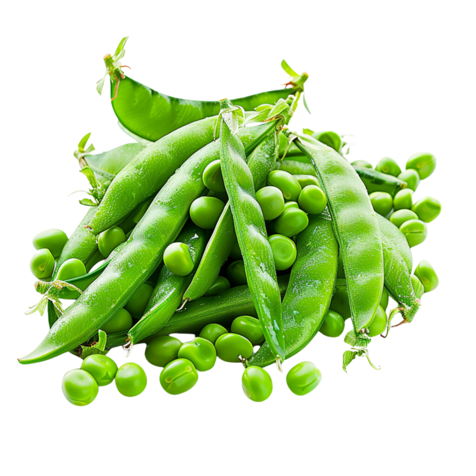 A heap of bright green peas, fresh from the pod, vivid and inviting, captured by a renowned food photographer isolated on a transparent background png