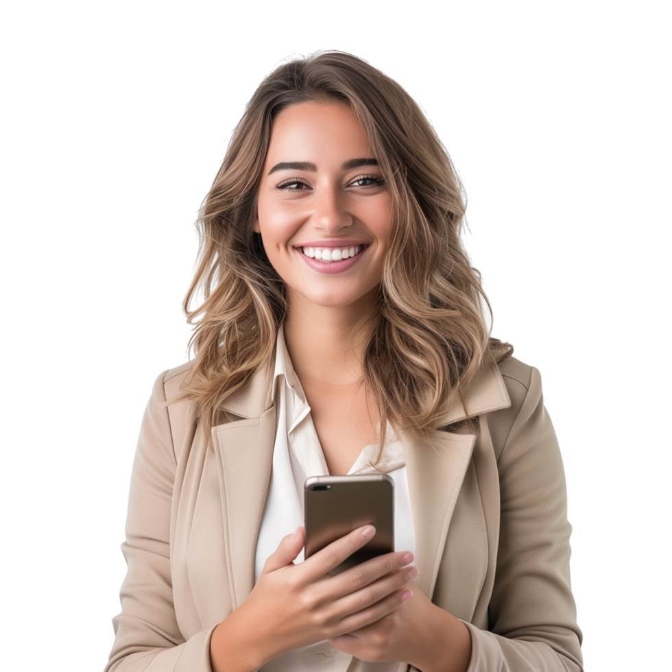 A confident businesswoman with a bright smile, holding a mobile phone, isolated on a transparent background png