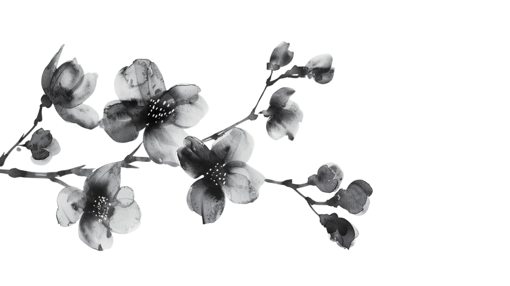 A black flowers branch delicately painted in watercolor, isolated on a transparent background png