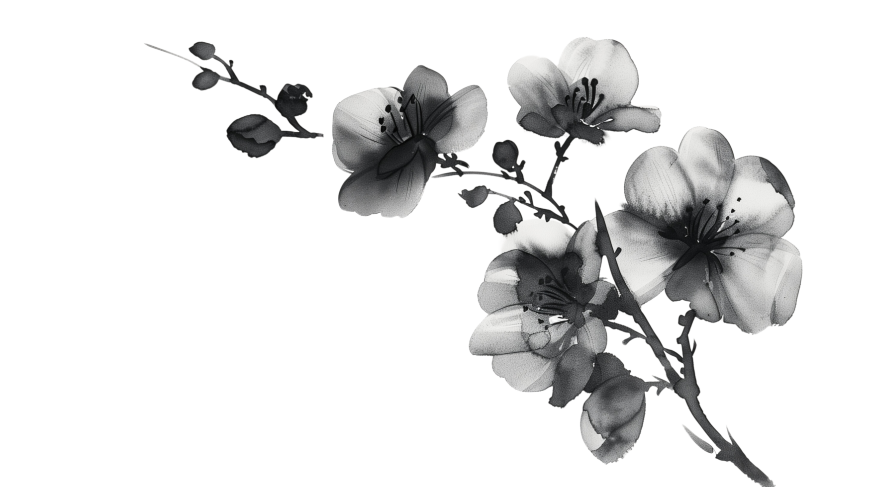 A black flowers branch delicately painted in watercolor, isolated on a transparent background png