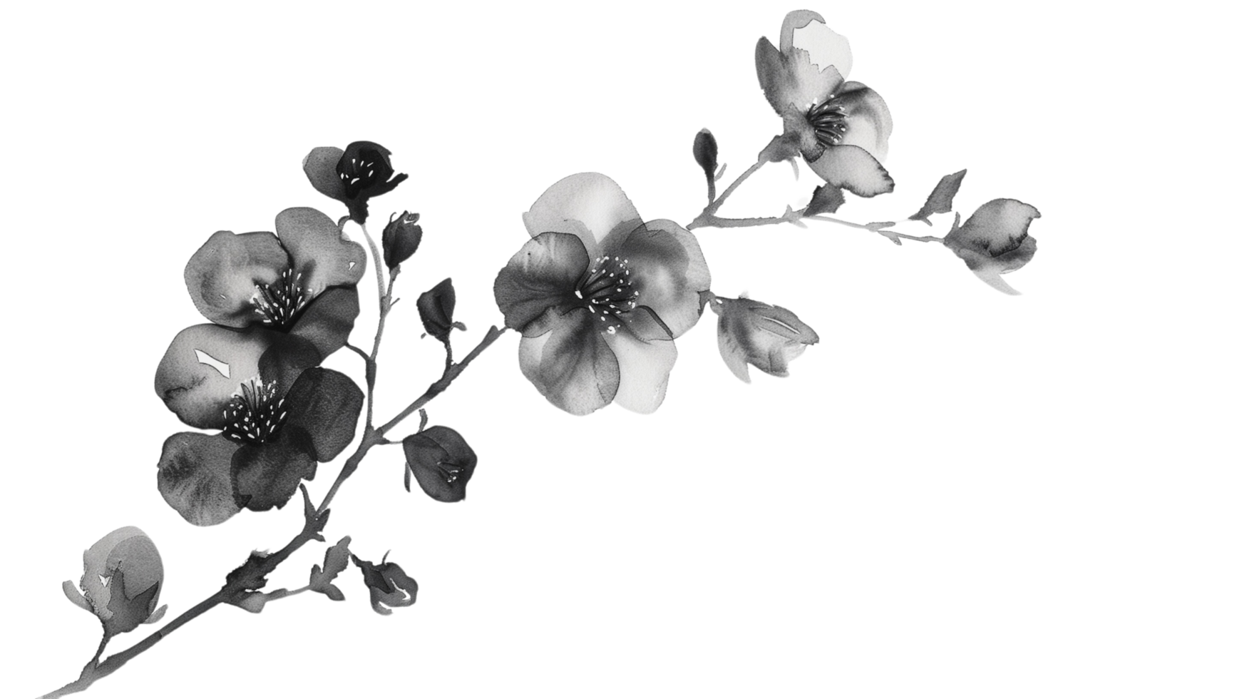 A black flowers branch delicately painted in watercolor, isolated on a transparent background png