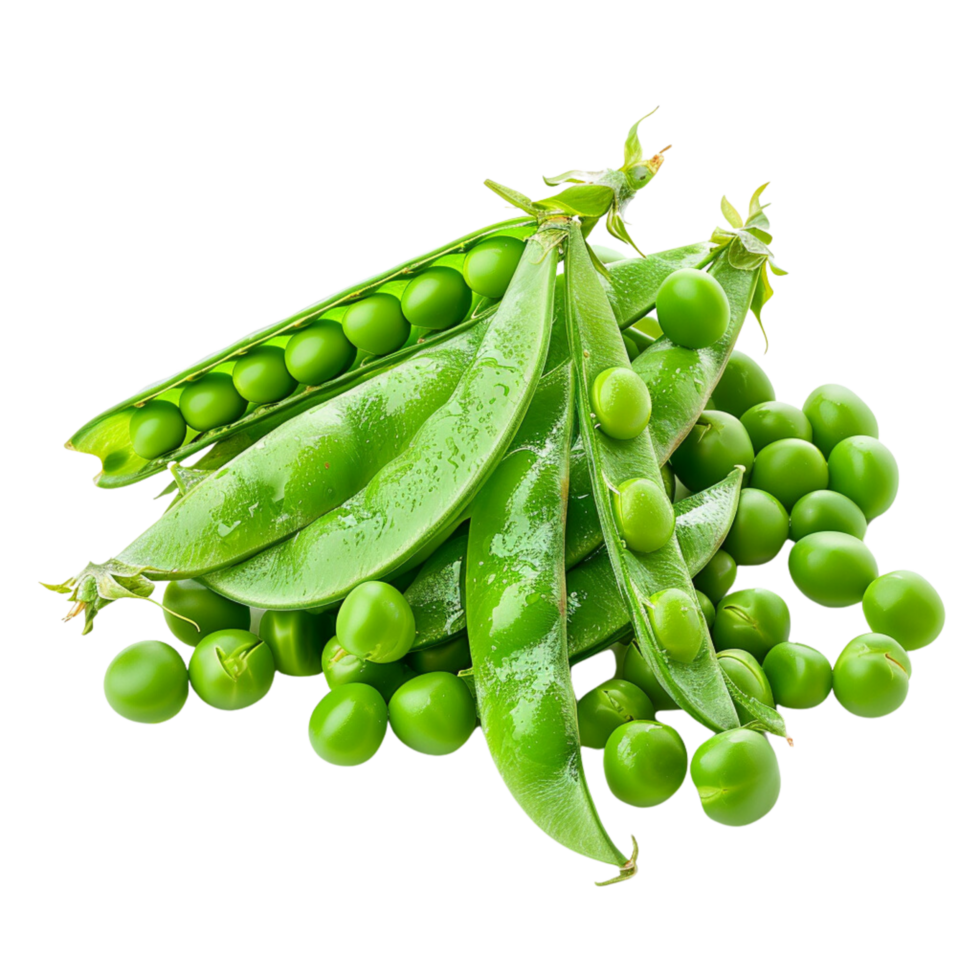 A heap of bright green peas, fresh from the pod, vivid and inviting, captured by a renowned food photographer isolated on a transparent background png