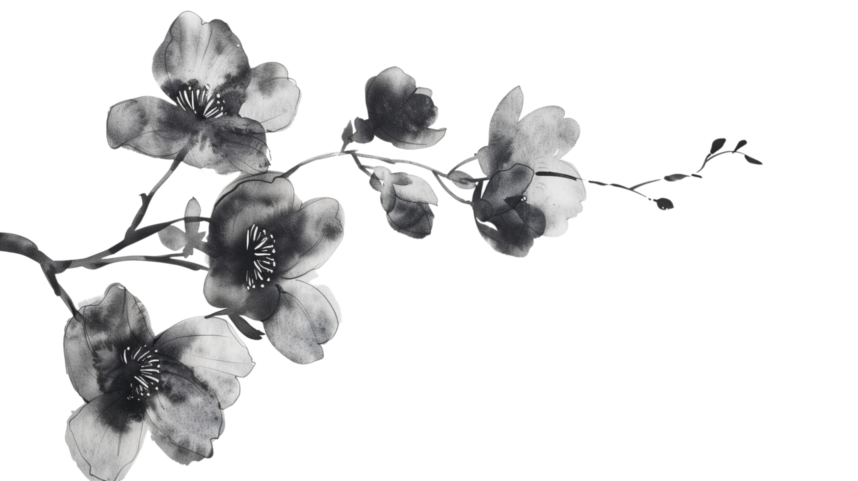 A black flowers branch delicately painted in watercolor, isolated on a