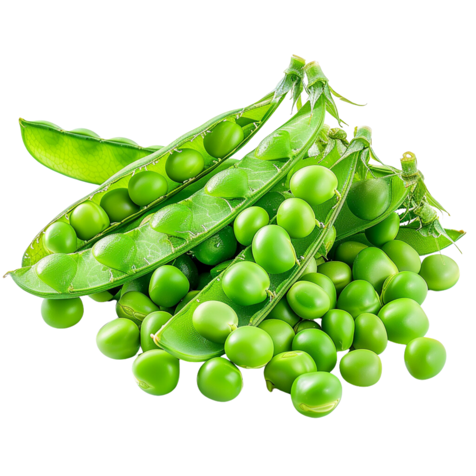 A heap of bright green peas, fresh from the pod, vivid and inviting, captured by a renowned food photographer isolated on a transparent background png