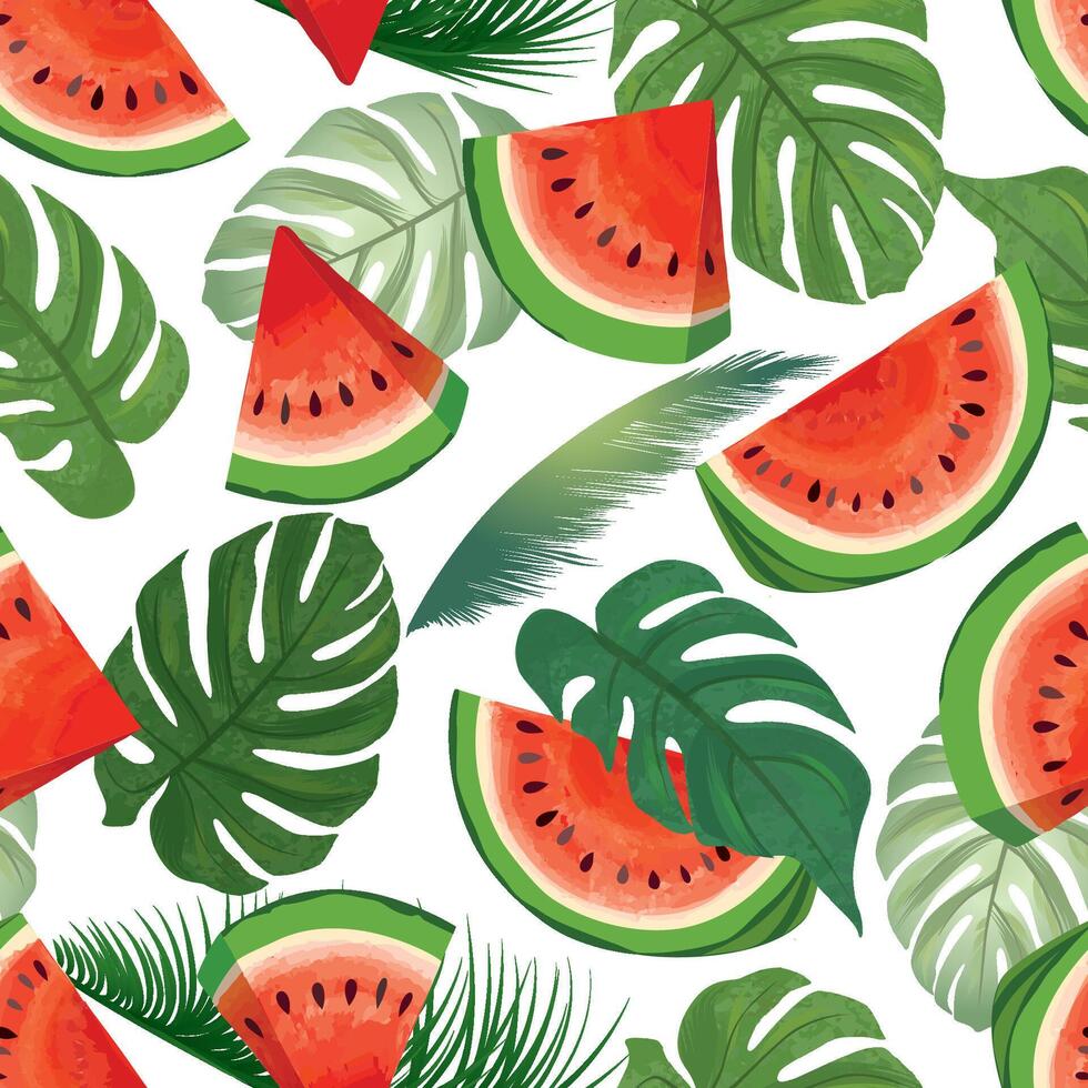 Watermelon pattern. Summer fruit juicy slice pieces seamless texture with tropical palm leaves. vector