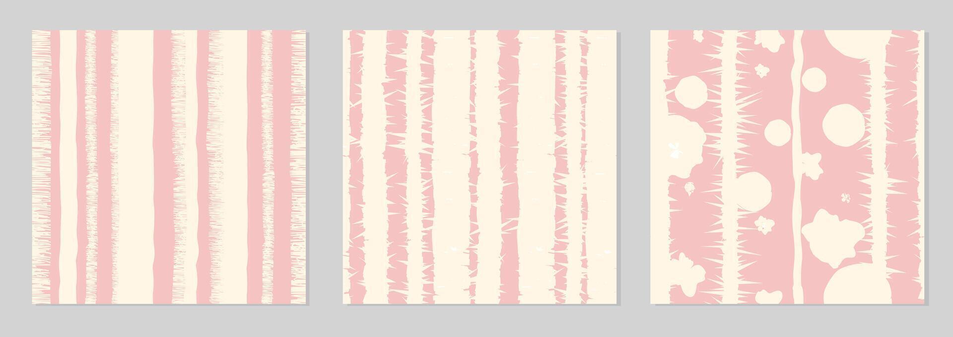 Set of three seamless colorful striped patterns. Gentle trendy abstract illustrations. Hand drawn geometric lines seamless patterns with stripe lines and dots in retro style. vector