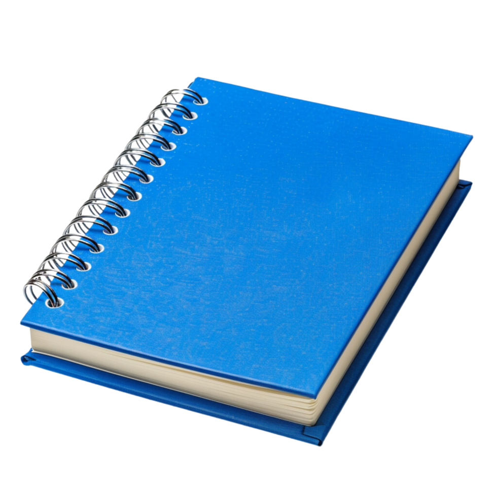 A spiral notebook with a vibrant blue cover, slightly open to reveal blank pages, inviting creativity and note-taking, isolated on a transparent background png