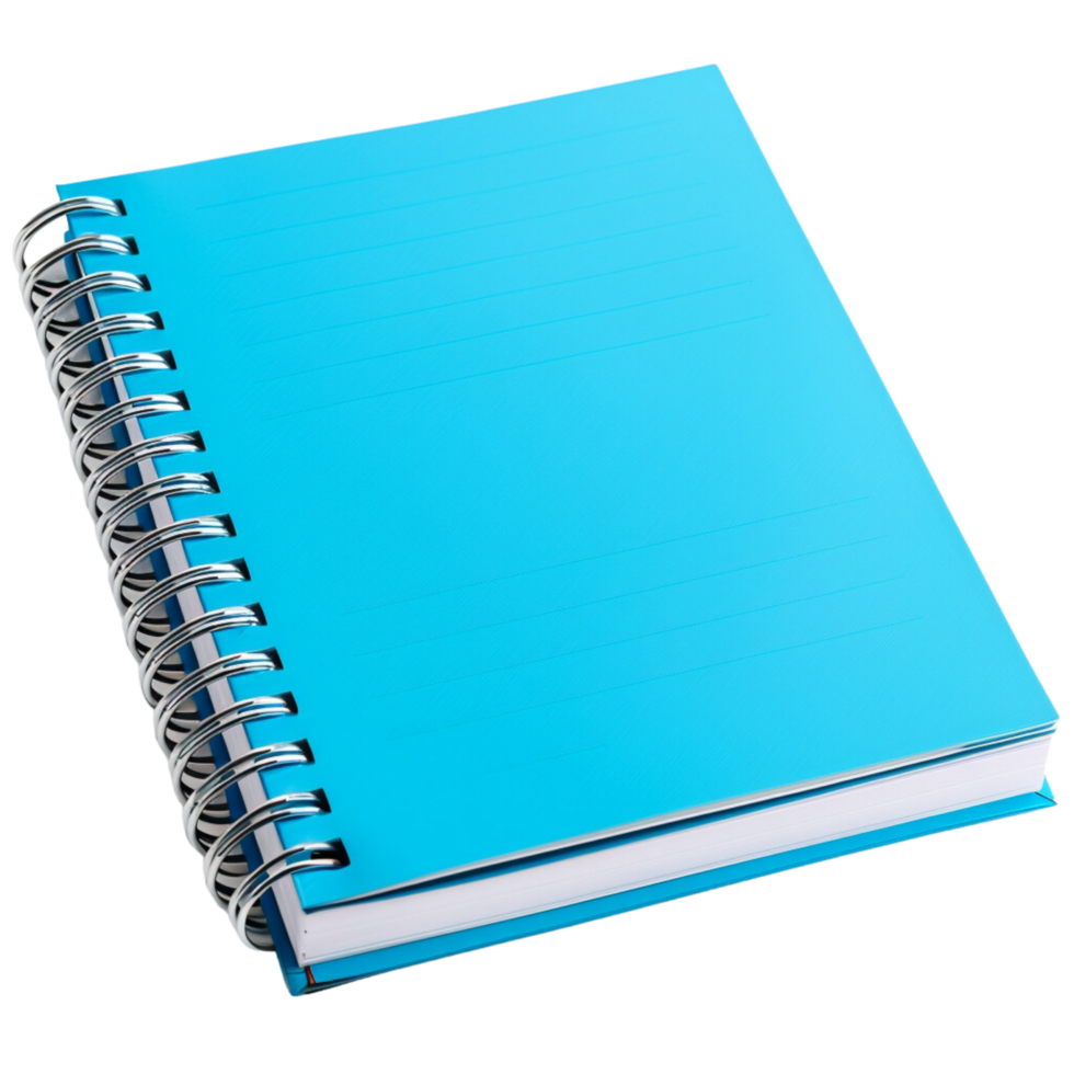 A spiral notebook with a vibrant blue cover, slightly open to reveal blank pages, inviting creativity and note-taking, isolated on a transparent background png