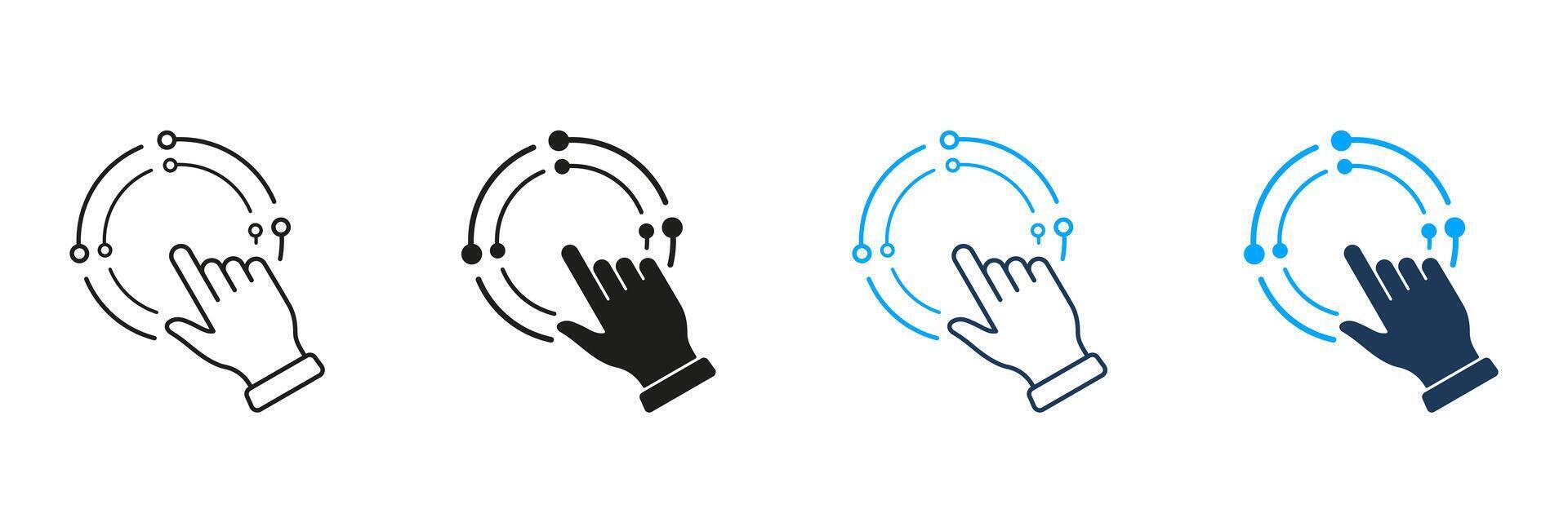 Management Concept, Pointer Click Line and Silhouette Icon Set. Manage Business, Finger Point in Circle Pictogram. Digital Marketing Strategy Symbol. Editable Stroke. Isolated Illustration vector