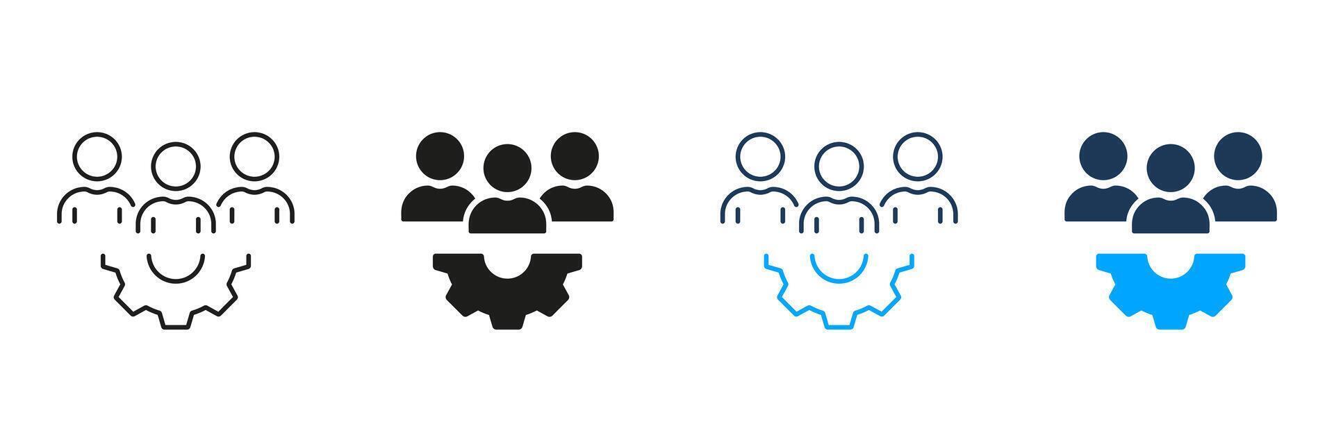 Team Work, People with Gear Line and Silhouette Icon Set. Manager Sign with Cog Wheel. Workforce Pictogram. Teamwork, Leader, Project Management Symbol. Editable Stroke. Isolated Illustration vector